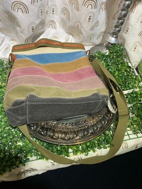 Striped Multicolor Canvas Crossbody Bag with Olive Strap